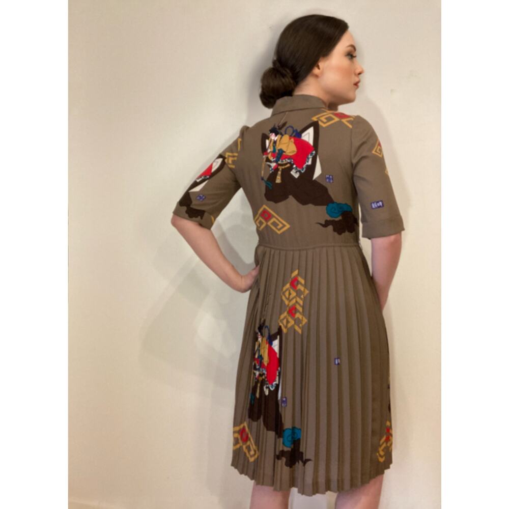 Italiya Japanese Label Midi Silk-like Pleated Dress Japanese Blockprint Sz S/M - Picture 4 of 11